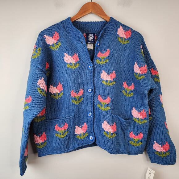 Rare NWT Vintage Amano S/M Hand Knit Cotton Cardigan Tulips Floral Blue Bolivia - Picture 2 of 10